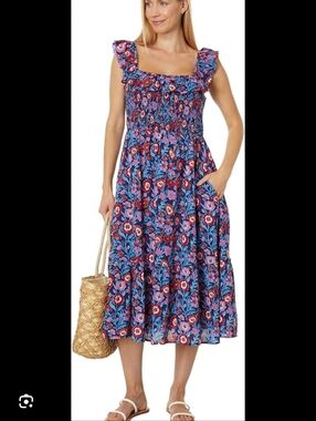 Vineyard Vines Blue Floral Smocked Midi Dress